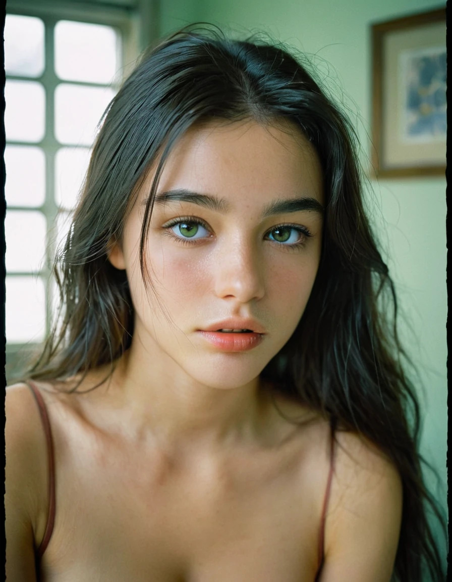 photoshoot, photo studio, RAW photo, editorial photograph, film stock photograph, cinematic, posing, amateur photo, face portrait, analog, raw, f2, 35mm, an (amateur photo), flash photography, taken on an old camera, polaroid, 8k, highly detailed, (high quality, best quality:1.3), Extremely high-resolution, film grain, very long hair, picture of a beautiful young woman, NOT dasha_taran, Nina Fortiner, sfw, ((natural black hair)), long (waist-length:1.2) combed black hair, ((macro lens)), natural, perfectly well made light green hazel eyes, a spark of brown surrounding pupils, (realistic perfect human eyes), serious expression, ultradetailed realistic eyes, feminine expressions, photography, dslr, 35mm, Fujifilm Superia Premium 400, Nikon D850 film stock photograph, Kodak Portra 400 f1.6 lens, 8k, UHD, european woman, a bit latin american facial features, realistic skin, skin pores, (whole head, do not crop head), whole head is visible, detailed background, midwest facial features, from side, expresionless, face a bit elongated, mouth closed, perfect photograph: 1, no-crop correction: 1