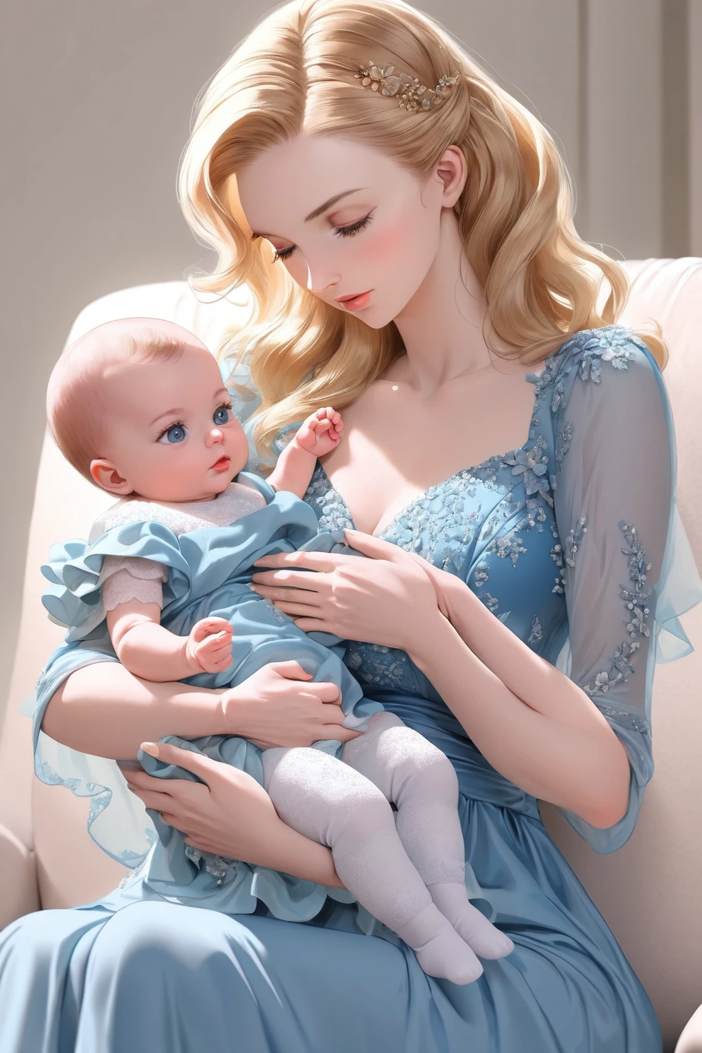 Woman in a blue dress holding a baby in her arms, baby on her lap, Alexa Grace, Mother&#39;s Day 4k, Seraphine, stunningly beautiful, Alana Fletcher, Exquisite detail, beautiful, Super gorgeous, beautiful gorgeous, beautifully, photo of a beautiful, Place it on your chest, wonderful機能, wonderful, Maternal affection, Perfect detail, Gorgeous Woman