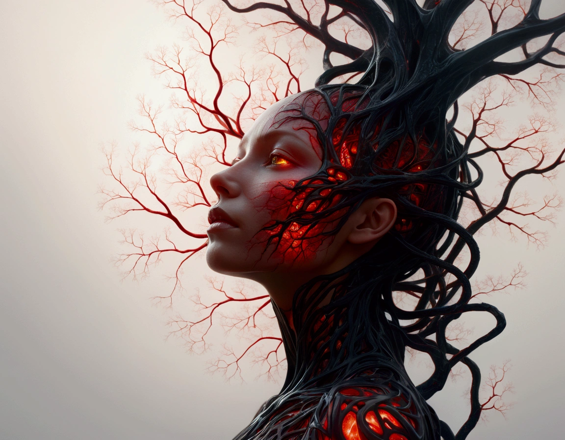 a close up of a person with a glowing face and body, glowing red veins, fractal veins. cyborg, red glowing veins, glowing veins, bright glowing veins, human glowing, tomasz alen kopera and cgsociety, melted cyborg, inspired by Mike Winkelmann, woman made of black flames, digital art 4k unsettling, detailed glowing head