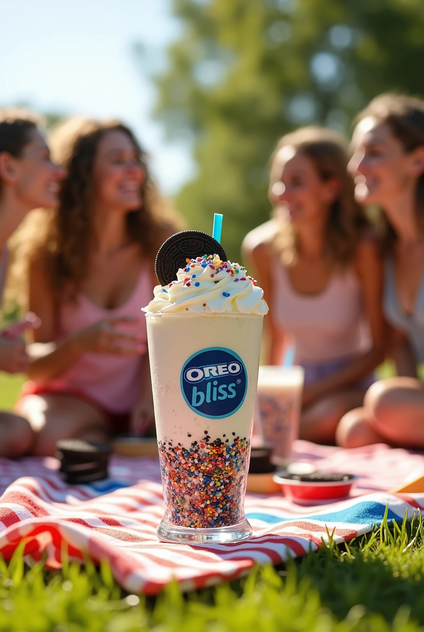 A group of friends sitting on a blanket enjoying a picnic, and then the glass with the Oreo Bliss logo appears, which is cream with Oreo and different toppings on the sides. .    The same characters in each image 