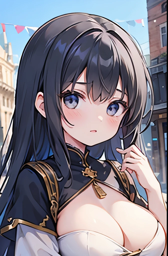 girl with medieval aesthetics humble adventurous merchant in a city in front of a large crowd big breasts black eyes black hair breasts women's clothing fully dressed jeans big breasts milf mother open mouth short hair thick thighs white skin Meta