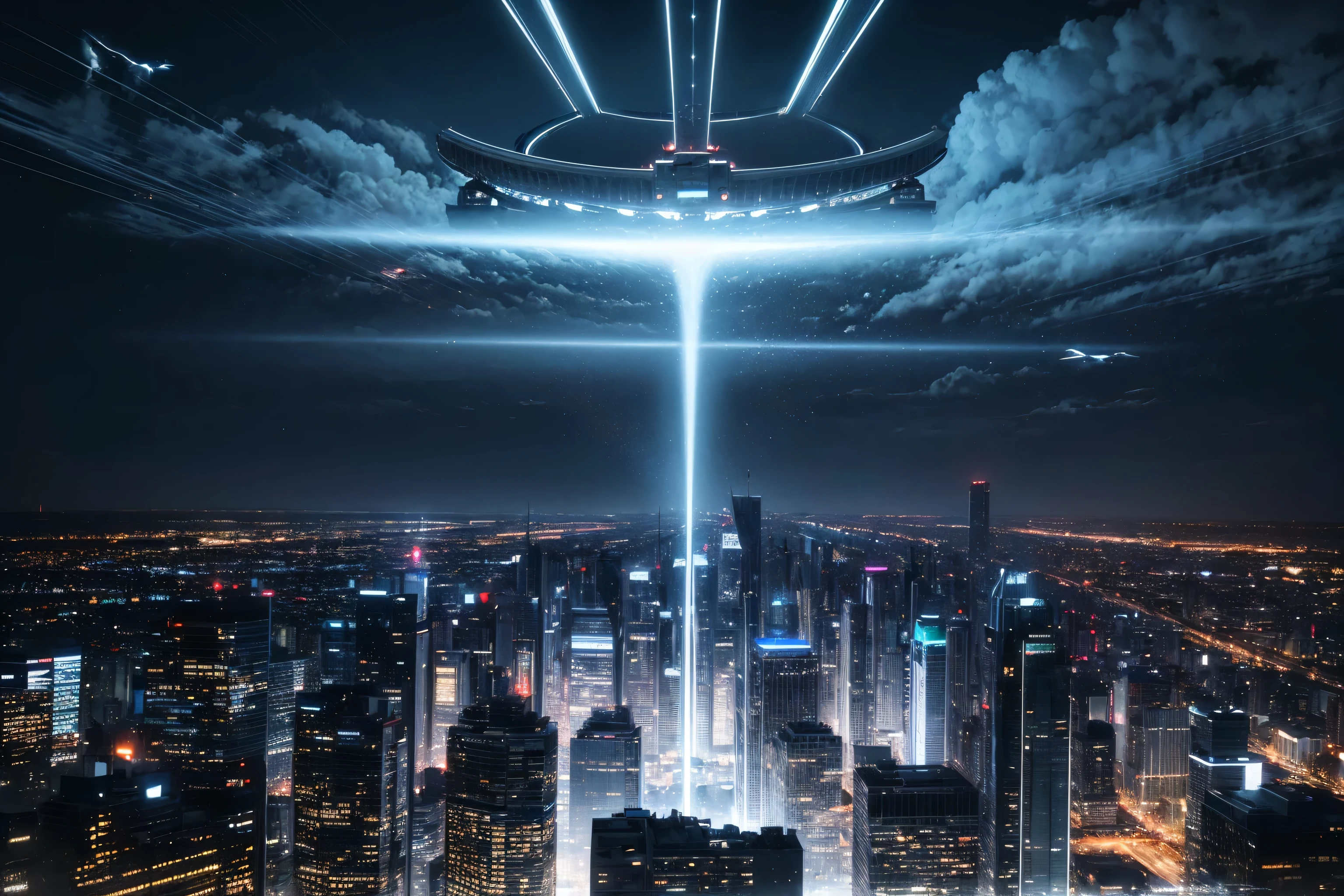 (best quality,4k,8k,highres,masterpiece:1.2),ultra-detailed,(realistic,photorealistic,photo-realistic:1.37),futuristic,gigantic biomechanical structures,towering skyscrapers,endless cityscape,gleaming lights reflecting on the surface of Megacity 2077,advanced technology integrated seamlessly with architecture,nanotechnology infused in every detail,hovering vehicles darting through the sky,extensive network of bridges and walkways connecting buildings,bustling population moving in all directions,advanced robotics and AI assistants assisting residents,advanced holographic displays projecting information into the air,exquisite metallic textures and reflective materials,interplay of shadows and light,neon lights illuminating the night,ethereal colors changing with the rhythm of the city,sublime color contrast between the dark abyss and the luminous metropolis,dynamic atmosphere with swirling clouds and flying debris,elevated monorails weaving through the city,cloud-piercing mega towers stretching into the sky,a sense of awe and wonder as one gazes upon the cityscape,the surreal merging of humanity and technology,inspiring a vision of the future of mankind.