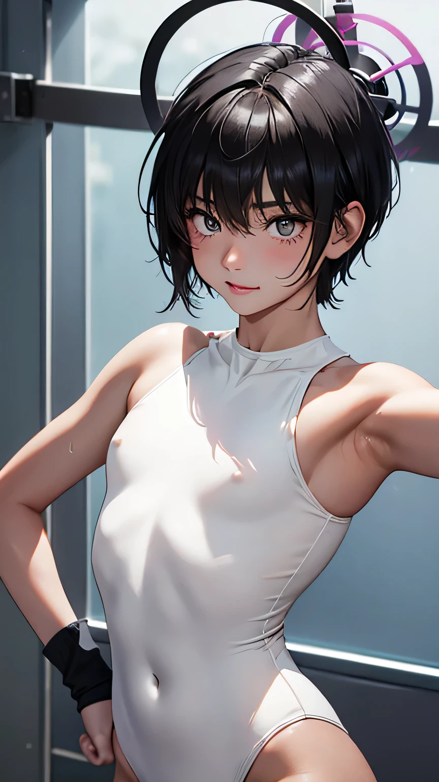 Highest quality、Realistic、、zoom、、Girl、look up、cute、Light grey eyes、Black Hair、Armpit hair、short hair、White leotard、Gymnast、Sweating profusely、Shy laugh、Flat Chest、Bust Shot、thin、gym