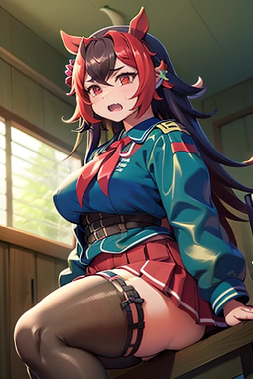daiwa scarlet (umamusume), 1girl, solo, long hair, breasts, looking at viewer, blush, open mouth, bangs, skirt, large breasts, brown hair, red eyes, thighhighs, long sleeves, animal ears, twintails, sitting, tail, fang, feet, white thighhighs, toes, garter straps, no shoes, soles, hair intakes, horse ears, tiara, horse girl, horse tail, epaulettes, underbust, foot focus