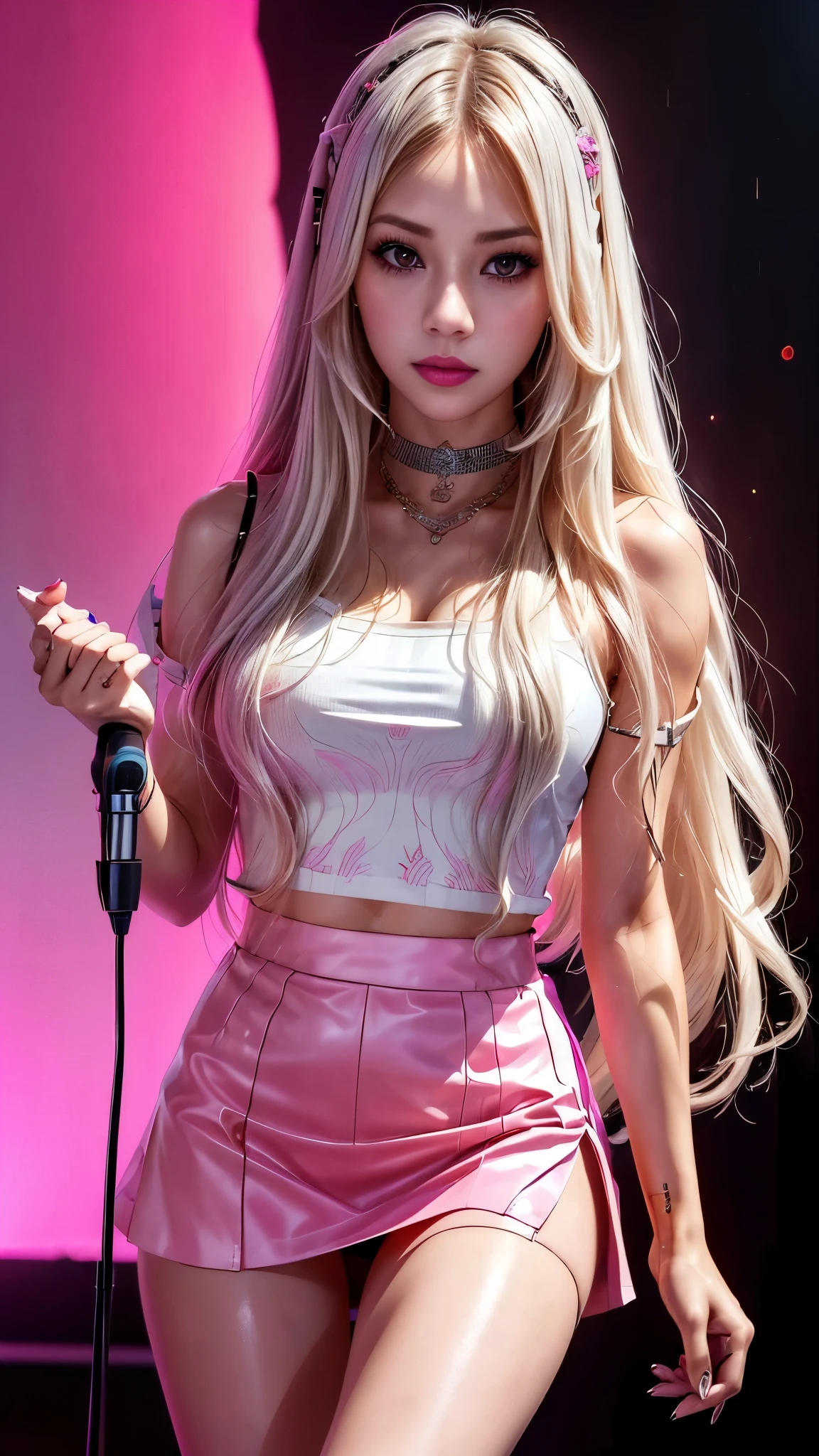 photorealistic,Realistic illustration in Modelshoot style,((masterpiece)),((The best quality)),((Ultra Quality)),((ultra detailed)),((1girl long white hair)),((Only)),((waifu:1.5)),Perfect anatomy,perfect hands,beautiful cuerpo,beautiful_method,ulzzang-6500-v1,e-chica,((Exceptionally Beauty Waifu Princess Mary R.)),((a close up of a woman in a short skirt and a microphone:1.5)), ((jisoo from blackpink, jisoo of blackpink, blackpink jennie, bae suzy)), ((portrait jisoo blackpink, lalisa manoban of blackpink, jia)), ((performing on stage:1.3)), ((kda, lalisa manobal, sun yunjoo, jossi of blackpink, jinyoung shin, aesthetic!!!!!! female genie)),((bright-pink_eyes)),long wavy hair, ((white hair)),hair clips,eyeliner,cute makeup,lipstick,Glossy lipstick,with a look of terror, worry and sadness,((eyes detallados perfectos)),rainy with fog outside,evening,pink theme,bioluminiscencia,light particles,((Extremely CG Unity 8K Wallpaper)),((cinematic lighting,Best quality lights)),intricate details,Suave,sharp focus,Extremely beautiful and aesthetic,Octane rendering,Full length portrait,damp skin,((Perfect detailed body)),