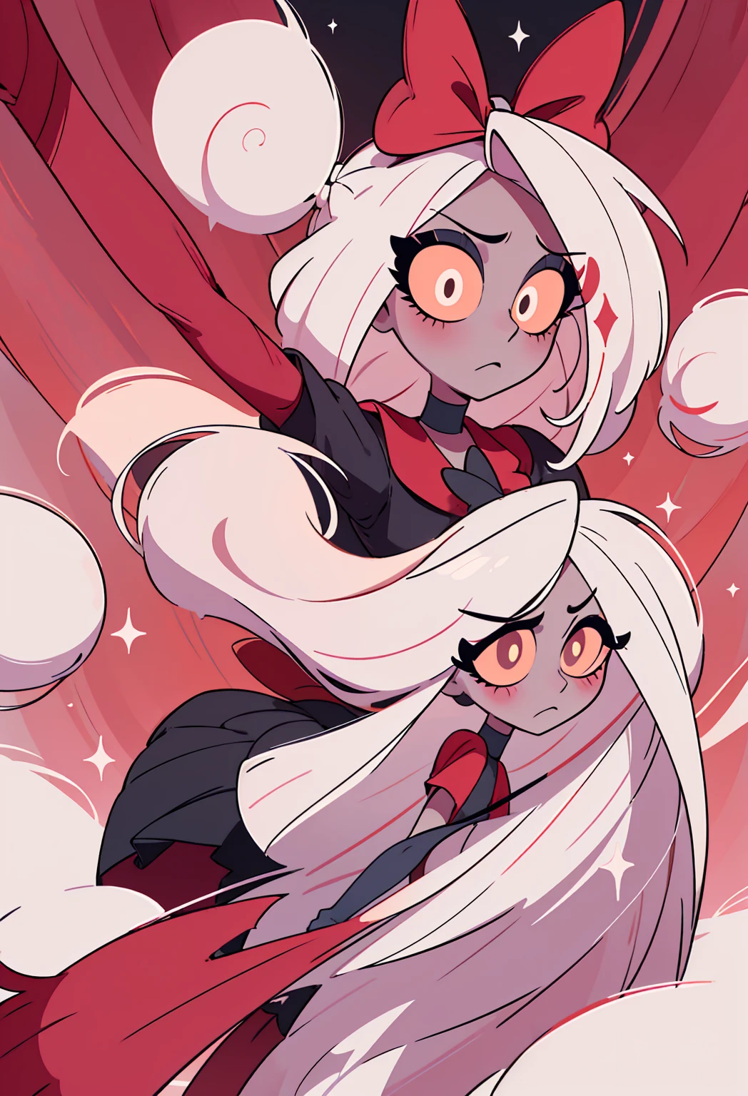 Vaggie from the hazbin hotel, 1 girl, Alone, Masterpiece, Best Quality, illustration, extremely long by white, red ribbon on the back of the head, an eye covered by hair, red x in the eye, pretty eyes, sparkling eyes, sweet expression, good forms, perfect lines, perfect linear, professional, GOOD, beautiful, dynamic poses, (hotel suit, Red shirt, black skirt, black stockings, gloves, bow), gray/piel gray, by white, pink sclera, yellow pupils, long by white, pretty beautiful face, sweet expression, vaggie suit, White shoes, Red shirt with black collar, gray skin, beautiful style, beautiful, backwards, looking back