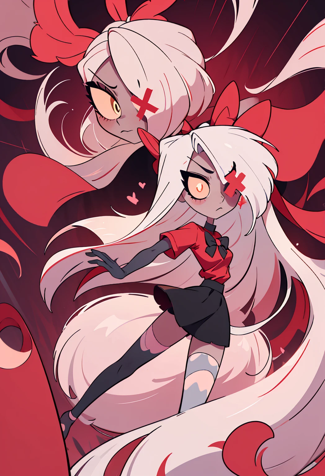 Vaggie from the hazbin hotel, 1 girl, Alone, Masterpiece, Best Quality, illustration, extremely long by white, red ribbon on the back of the head, an eye covered by hair, red x in the eye, pretty eyes, sparkling eyes, sweet expression, good forms, perfect lines, perfect linear, professional, GOOD, beautiful, dynamic poses, (hotel suit, Red shirt, black skirt, black stockings, gloves, bow), gray/piel gray, by white, pink sclera, yellow pupils, long by white, pretty beautiful face, sweet expression, vaggie suit, White shoes, Red shirt with black collar, gray skin, beautiful style, beautiful, backwards, looking back