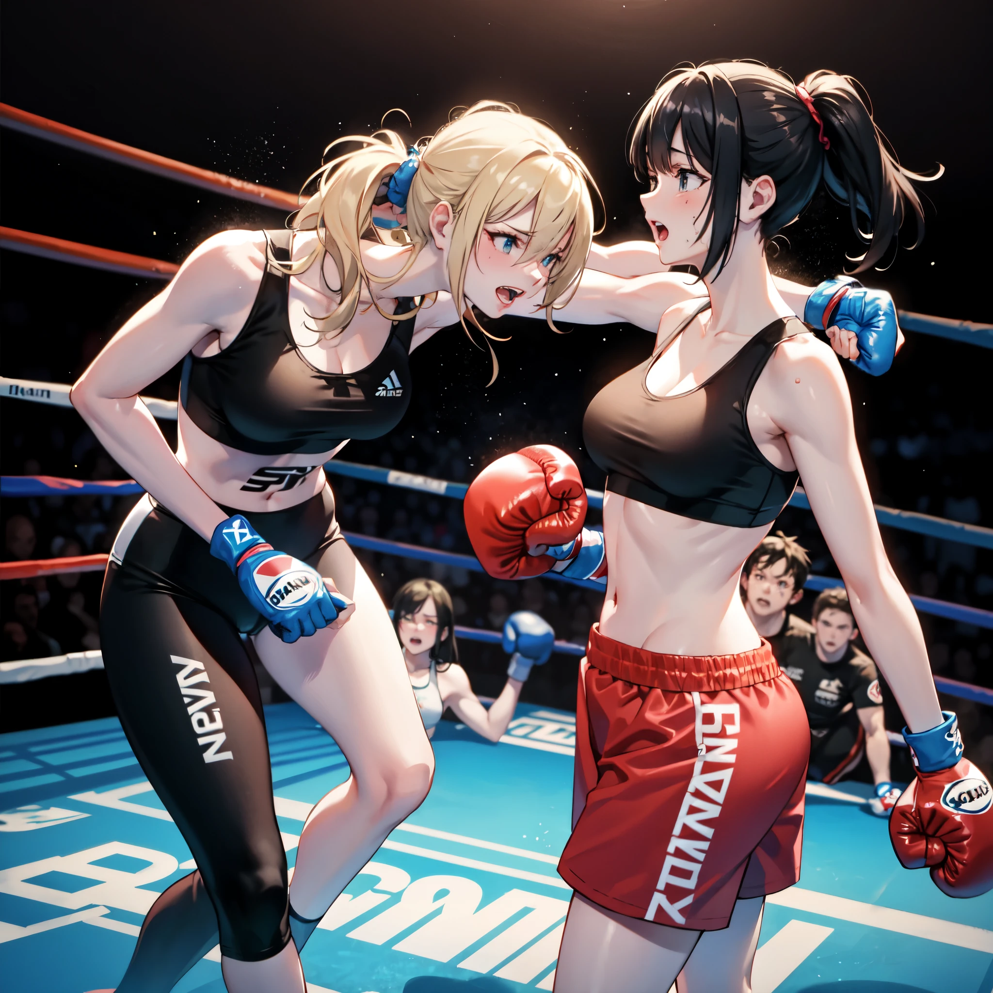 Boxing match between two women facing each other, bruising and swelling around eyes, first person perspective, sports bra and leggings