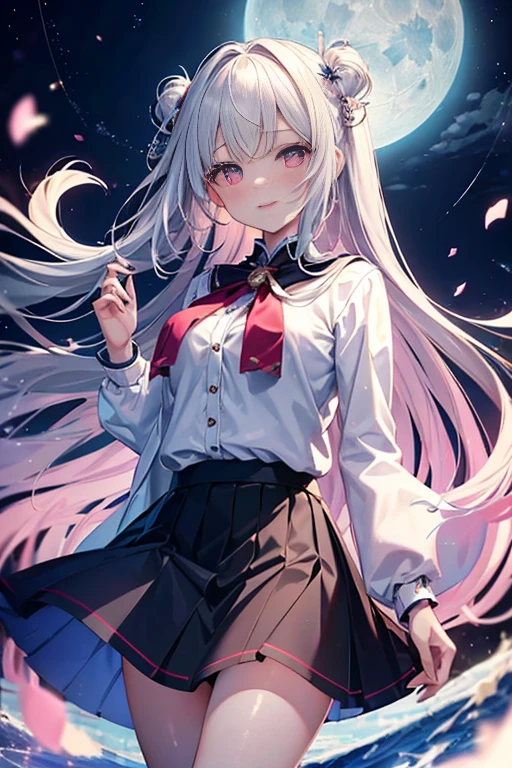(((masterpiece)))、(((Top quality)))、((Extremely detailed))、(Implications)、((Extremely exquisite and beautiful))、A bright smile、floating、粉红色hair的、(Detailed lighting) (1 Girl)、solo、White hair、The wind is blowing、One World、（Lovely眼睛）、Practical, Extremely detailed, (Glowing skin,), slim, Solitary, mini skirt, long hair, 粉红色hair, Pink Eyes, (Thick thighs:0.5), Dynamic Lighting, high resolution, Clear focus, Depth of Field, Medium breasts, On the table, best quality, Extremely detailed, Implicationsn, Extremely detailed face, Best quality face, 18 years old, aldult, Complex clothing, Sexy pose, Sparkling pink sailor suit, Lovely, Kawaii,, Exquisite eyes, blushing, Red cheeks, Glowing eyes, fluffy sweater, skirt, Open lips, blush, Lovely, , Exquisite eyes, Embarrassed expression, long_hair, blushing, moon, Starry Sky_Sky, Reality, Asia, Miss, Mix 4