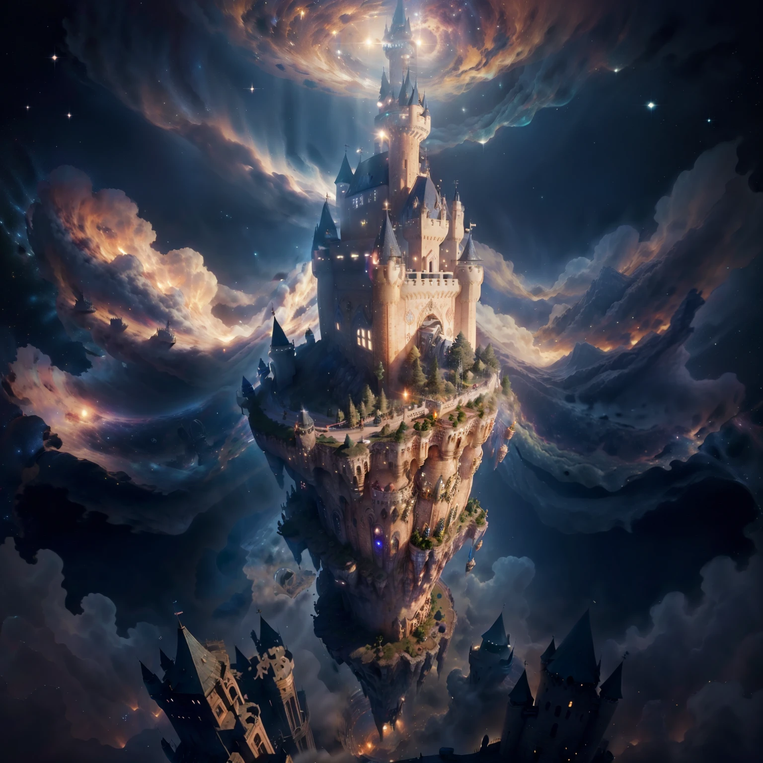 (Castle in the air:1.5)，Floating，（Sky Sky、pay、Fantastic、Starry Sky、sun、Moon、Galactic），Excellent plant growth，Very detailed，Realistic Ray Tracing，A magnificent composition，（Intricate details），（Intricate Design，Hyper Detail：1.2），Art Station，（masterpiece，Highest quality），Hyper HD，32K，(Castle in the air:1.5)，Floating