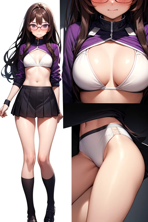 ((best quality)), ((masterpiece)), (detailed), 1 girl, full body, 19 years old, embarrassed face, young adult, glasses, somewhat short stature, purple eyes, brown hair, somewhat wavy hair, long hair, bang, blushing, very small breasts, sexy white bikini with little skirt, seductive legs, big butt, sexy butt, head down and butt up, beach background, looking to me, anime