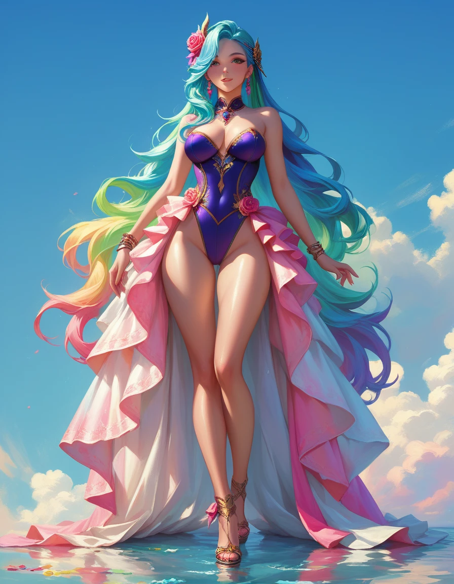 Best quality, masterpiece of A beautiful fantasy style painting of a beautiful vibrant giant Rose transforming into a beautiful nude woman, highly detailed, vibrant and colorful, colorful stardust, fantasy art style, cartoon vibrant, cute detailed digital art, colorful digital fantasy art, digital fantasy art ), glossy digital painting, pastel vibrant, cowboy shot or full body shot.