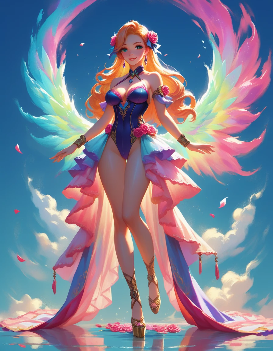 Best quality, masterpiece of A beautiful fantasy style painting of a beautiful vibrant giant Rose transforming into a beautiful nude woman, highly detailed, vibrant and colorful, colorful stardust, fantasy art style, cartoon vibrant, cute detailed digital art, colorful digital fantasy art, digital fantasy art ), glossy digital painting, pastel vibrant, cowboy shot or full body shot.