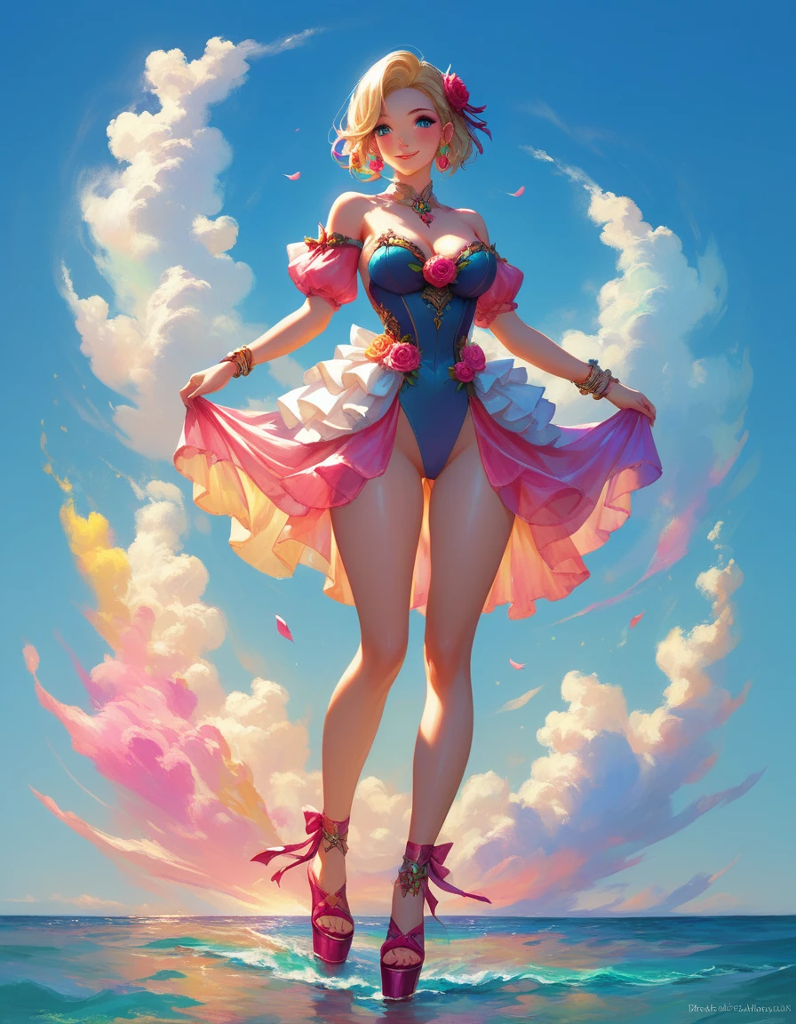 Best quality, masterpiece of A beautiful fantasy style painting of a beautiful vibrant giant Rose transforming into a beautiful nude woman, highly detailed, vibrant and colorful, colorful stardust, fantasy art style, cartoon vibrant, cute detailed digital art, colorful digital fantasy art, digital fantasy art ), glossy digital painting, pastel vibrant, cowboy shot or full body shot.