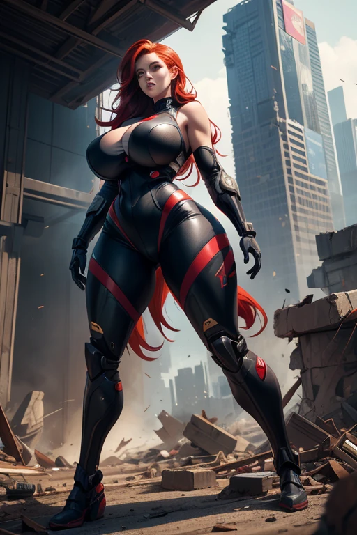 Super-detailed, 8k, 1 girl, mature, long red hair, perfect figure, busty body, curvy body, large and droopy breast, slender hips, thick thighs, huge round ass, mech suit, defeated and passed out in the rubble, ripped clothes