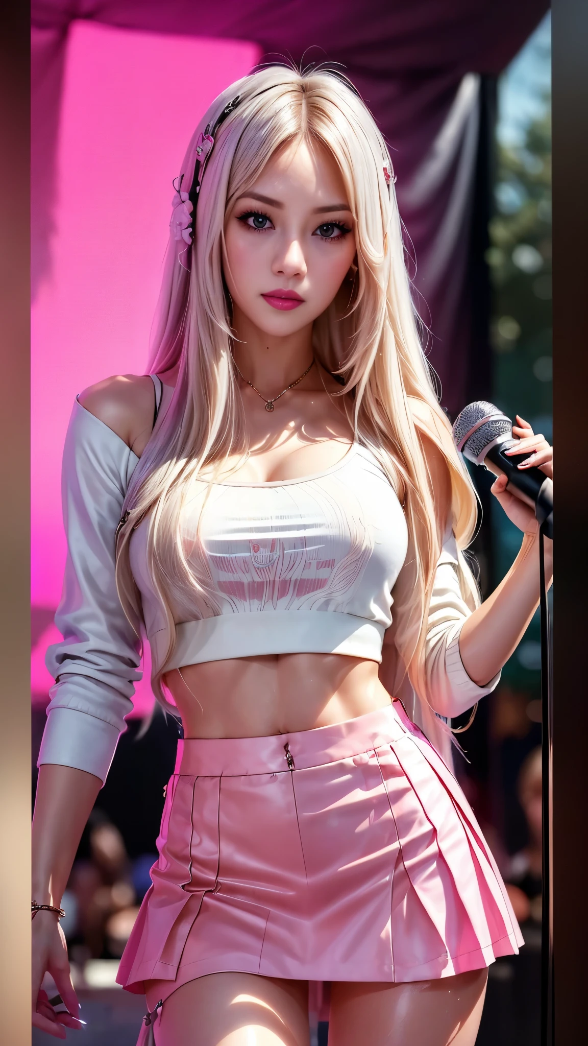 photorealistic,Realistic illustration in Modelshoot style,((masterpiece)),((The best quality)),((Ultra Quality)),((ultra detailed)),((1girl long white hair)),((Only)),((waifu:1.5)),Perfect anatomy,perfect hands,beautiful cuerpo,beautiful_method,ulzzang-6500-v1,e-chica,((Exceptionally Beauty Waifu Princess Mary R.)),((a close up of a woman in a short skirt and a microphone:1.5)), ((jisoo from blackpink, jisoo of blackpink, blackpink jennie, bae suzy)), ((portrait jisoo blackpink, lalisa manoban of blackpink, jia)), ((performing on stage:1.3)), ((kda, lalisa manobal, sun yunjoo, jossi of blackpink, jinyoung shin, aesthetic!!!!!! female genie)),((bright-pink_eyes)),long wavy hair, ((white hair)),hair clips,eyeliner,cute makeup,lipstick,Glossy lipstick,with a look of love, worry and sadness,((eyes detallados perfectos)),rainy with fog outside,evening,pink theme,bioluminiscencia,light particles,((Extremely CG Unity 8K Wallpaper)),((cinematic lighting,Best quality lights)),intricate details,Suave,sharp focus,Extremely beautiful and aesthetic,Octane rendering,Full length portrait,damp skin,((Perfect detailed body)),