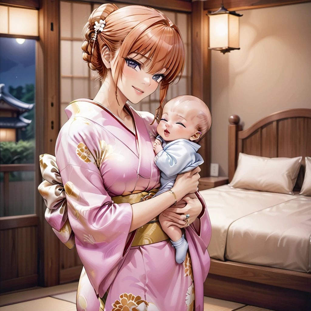 ((The woman is leaning against an old man, holding a baby.))、((Highest quality)), ((masterpiece)), (detailed), （Perfect Face）、The woman is Maya Cordelia, with medium-long orange hair, a gorgeous and glittering kimono, her hair tied in a Japanese style, and an engagement ring.、The woman is happily nestled against her elderly husband in their traditional Japanese-style bedroom at night, cuddling their baby.、The old man is wearing an engagement ring