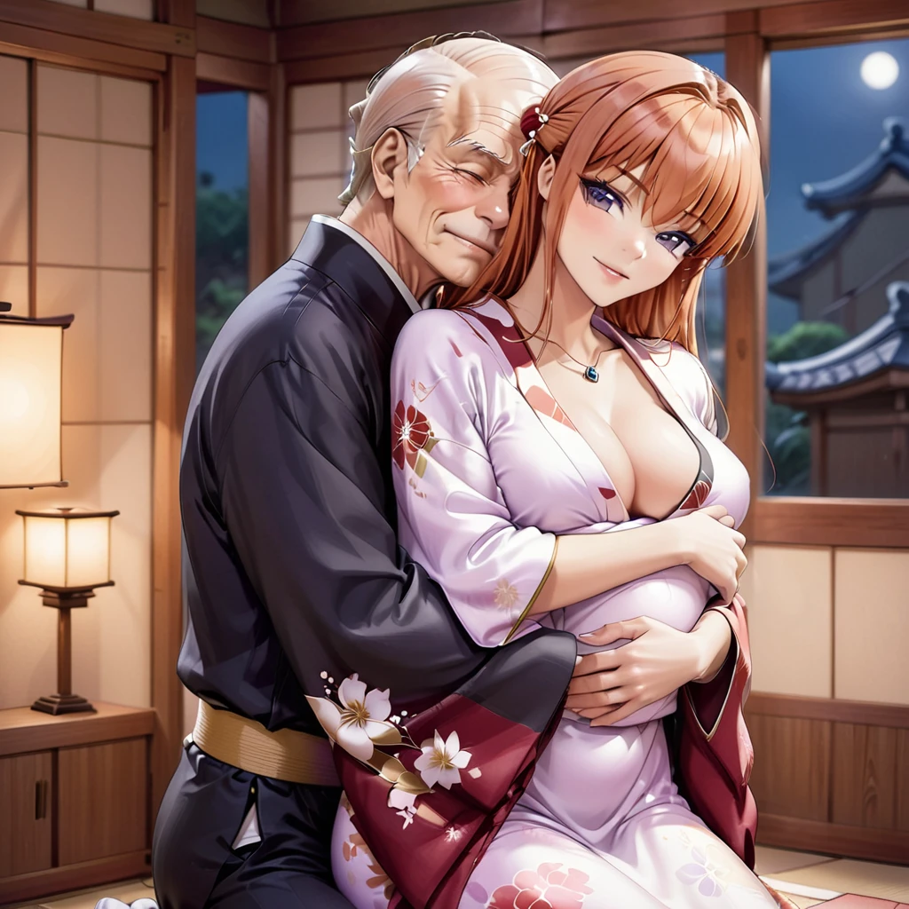 ((The woman is leaning against an old man, holding a baby.))、((Highest quality)), ((masterpiece)), (detailed), (Perfect Face)、The woman is Maya Cordelia, with medium-long orange hair, a gorgeous and glittering kimono, her hair tied in a Japanese style, and an engagement ring.、The woman is happily nestled against her elderly husband in their traditional Japanese-style bedroom at night, cuddling their baby.、The old man is wearing an engagement ring