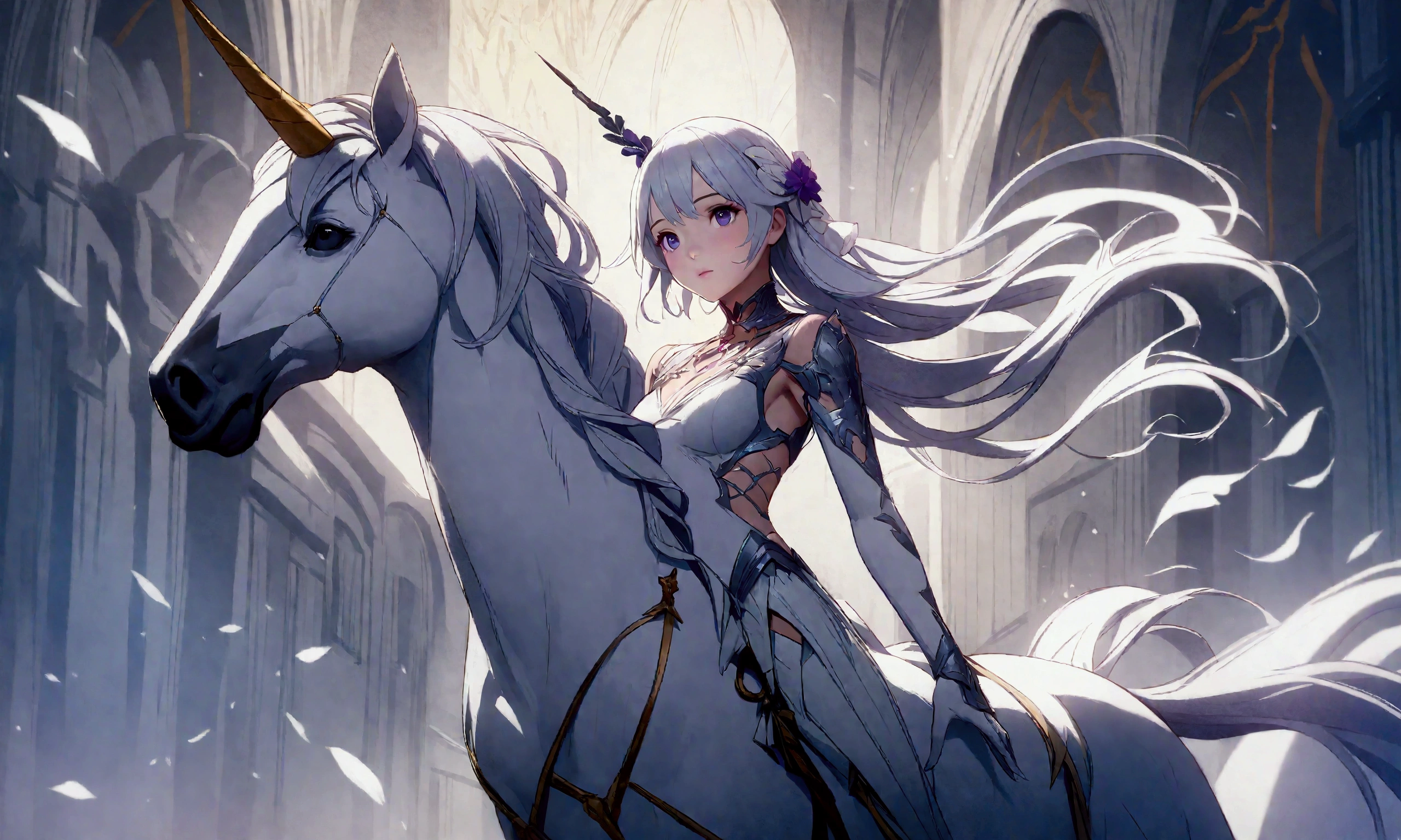 Anime girl riding a white horse in a snow castle., Kuchart Krenz Key Art Feminine, Trending on artstation pixiv, guweiz on artstation pixiv, guweiz on pixiv artstation, Fantasy anime artwork, beautiful fantasy anime, 2. 5 d cgi Fantasy anime artwork, fantasy anime illustration, Best konachan anime wallpaper 4k
