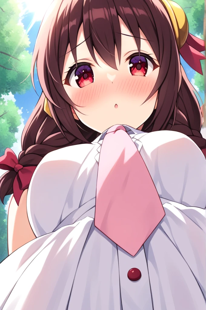 alone, One person, Yunyun, ♥、 (blush:1.5)、Crown braids of the same color as your hair、hair ornaments, Hair Ribbon, Pink tie, White dress、heart、♥、Sunlight filtering through the trees、Being pillowed on by a viewer.、View from below