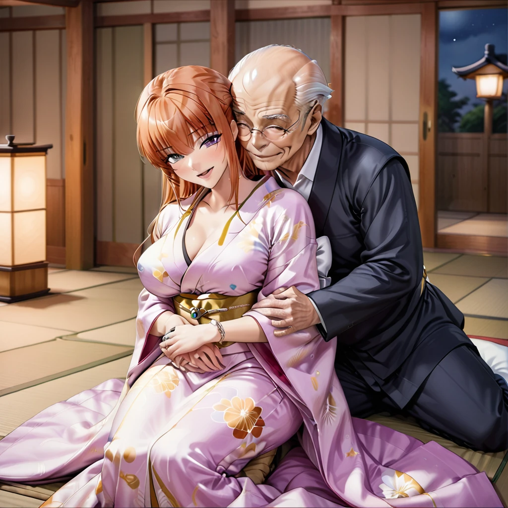 ((Highest quality)), ((masterpiece)), (detailed), （Perfect Face）、The woman is Maya Cordelia, with medium-long orange hair, a gorgeous and glittering kimono, her hair tied in a Japanese style, and an engagement ring.、The woman is lying next to an elderly man on the futon in the tatami room at night.、The woman is hugging and kissing an elderly man, looking happy and in love、The old man is wearing an engagement ring