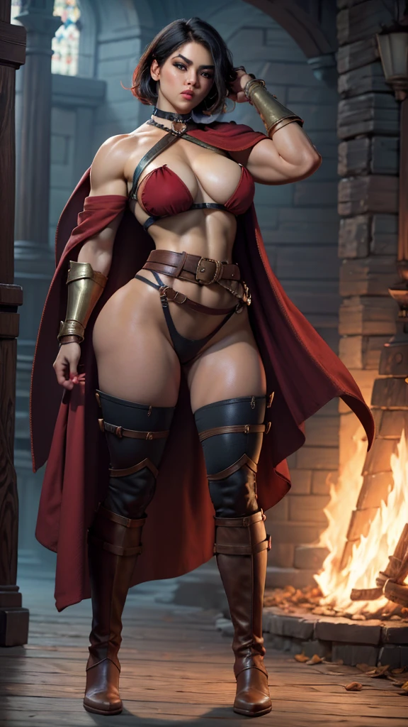 (masterpiece), best quality, expressive eyes, perfect face(masterpiece), best quality, expressive eyes, perfect face, Female warrior, short black hair, scar on left eye, bronze skin, red lips, amber eyes, muscular, wide hips, large breasts, holding a sword, red cape torn shoulder, arm sleeves, belt on legs, steel plate boots, steel plate gauntlets, chocker, breast plate, pussy plate, body scars,