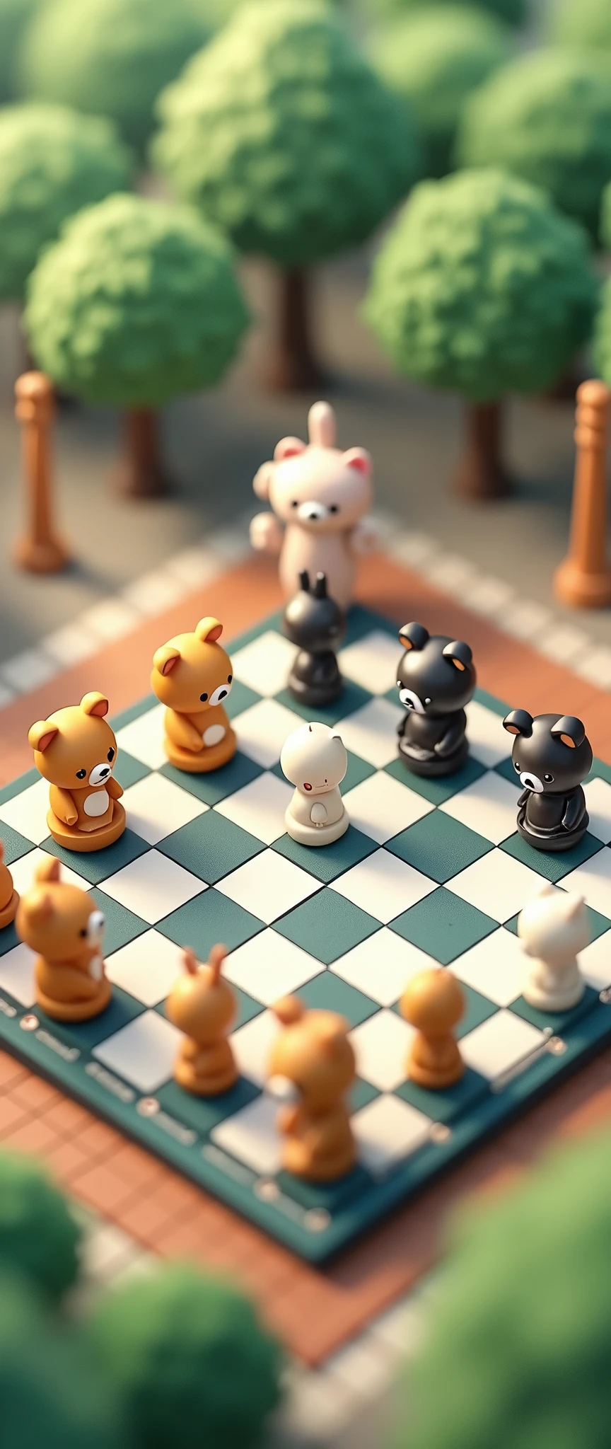 (masterpiece:1.2, Highest quality,Ultra-high resolution,Super detailed),8k,(wallpaper),(On the chessboard, chess pieces modeled after Rilakkuma-style animals are arranged in a square shape.),(Isometric 3D Diorama:2.0)