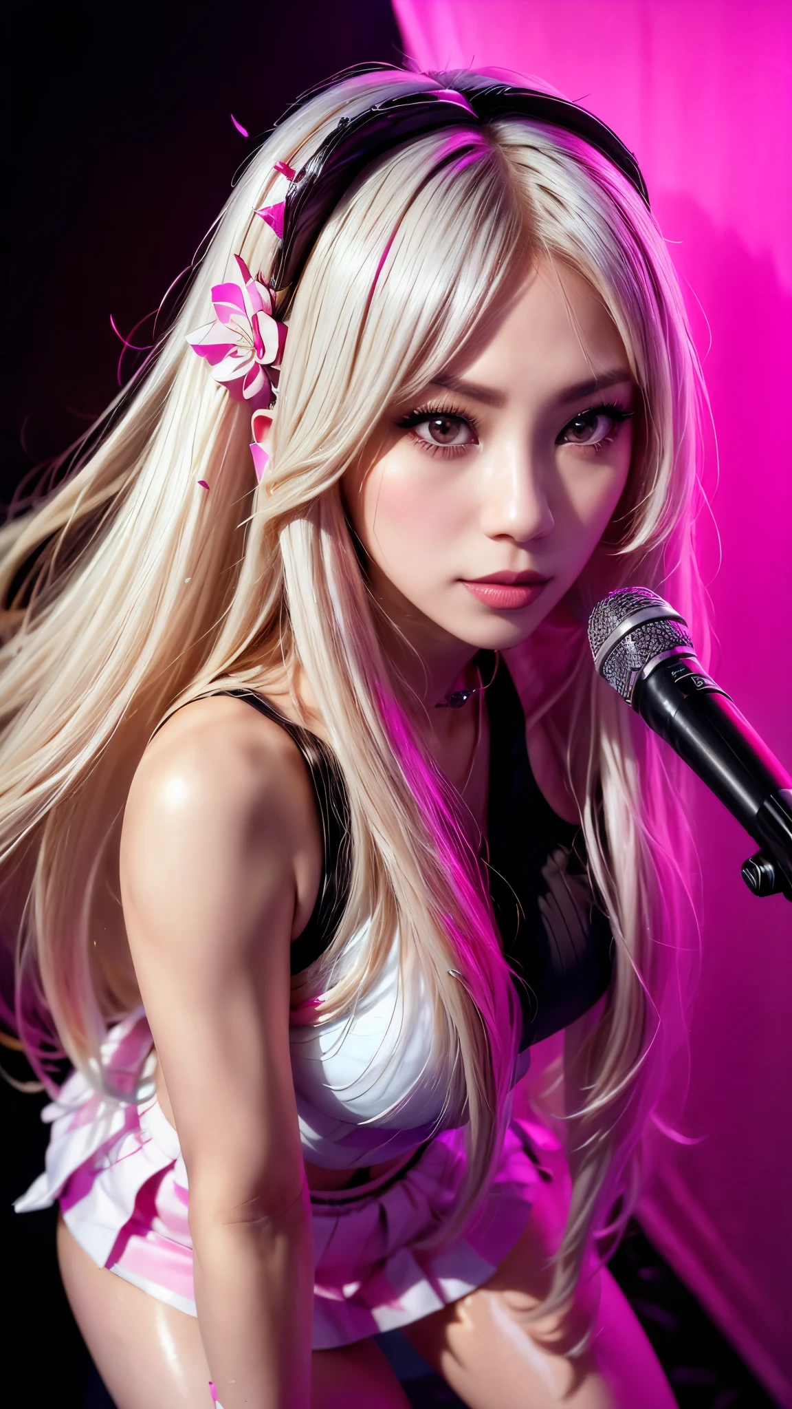 photorealistic,Realistic illustration in Modelshoot style,((masterpiece)),((The best quality)),((Ultra Quality)),((ultra detailed)),((1girl long white hair)),((Only)),((waifu:1.5)),Perfect anatomy,perfect hands,beautiful cuerpo,beautiful_method,ulzzang-6500-v1,e-chica,((Exceptionally Beauty Waifu Princess Mary R.)),((a close up of a woman in a short skirt and a microphone:1.5)), ((jisoo from blackpink, jisoo of blackpink, blackpink jennie, bae suzy)), ((portrait jisoo blackpink, lalisa manoban of blackpink, jia)), ((performing on stage:1.3)), ((kda, lalisa manobal, sun yunjoo, jossi of blackpink, jinyoung shin, aesthetic!!!!!! female genie)),((bright-pink_eyes)),long wavy hair, ((white hair)),hair clips,eyeliner,cute makeup,lipstick,Glossy lipstick,with a look of love, worry and sadness,((eyes detallados perfectos)),rainy with fog outside,evening,pink theme,bioluminiscencia,light particles,((Extremely CG Unity 8K Wallpaper)),((cinematic lighting,Best quality lights)),intricate details,Suave,sharp focus,Extremely beautiful and aesthetic,Octane rendering,Full length portrait,damp skin,((Perfect detailed body)),