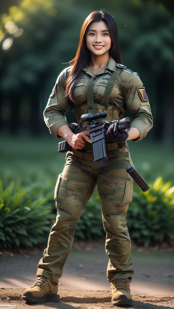 (8K, Raw-Photo, best qualtiy, tmasterpiece:1.2),(realisticlying, photograph realistic:1.4),(Highly detailed CG unity 8k wallpaper),(Round face: 1.5), (detailed pupil:1.3),(Cool Eyes:1.1),(little smile:1.1),(Unforgettable Eyes:1.1),(The eyes are so beautiful:1.1),A young but very beautiful 35-year-old Malay female soldier stands in front of a snowy mountain valley ,K2 rifle in hand,Clothed Malaysian Commando Corps Uniform, strong muscles,Marine Girl, assault rifle, (holding rifle: 1.3), (Aim and hold the rifle...: 1.3),navels, glove, Ripped military pants, veins everywhere