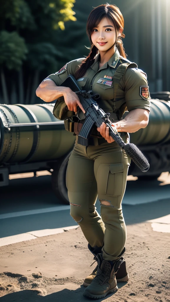 (8K, Raw-Photo, best qualtiy, tmasterpiece:1.2),(realisticlying, photograph realistic:1.4),(Highly detailed CG unity 8k wallpaper),(Round face: 1.5), (detailed pupil:1.3),(Cool Eyes:1.1),(little smile:1.1),(Unforgettable Eyes:1.1),(The eyes are so beautiful:1.1),A young but very beautiful 35-year-old Malay female soldier stands in front of a snowy mountain valley ,K2 rifle in hand,Clothed Malaysian Commando Corps Uniform, strong muscles,Marine Girl, assault rifle, (holding rifle: 1.3), (Aim and hold the rifle...: 1.3),navels, glove, Ripped military pants, veins everywhere