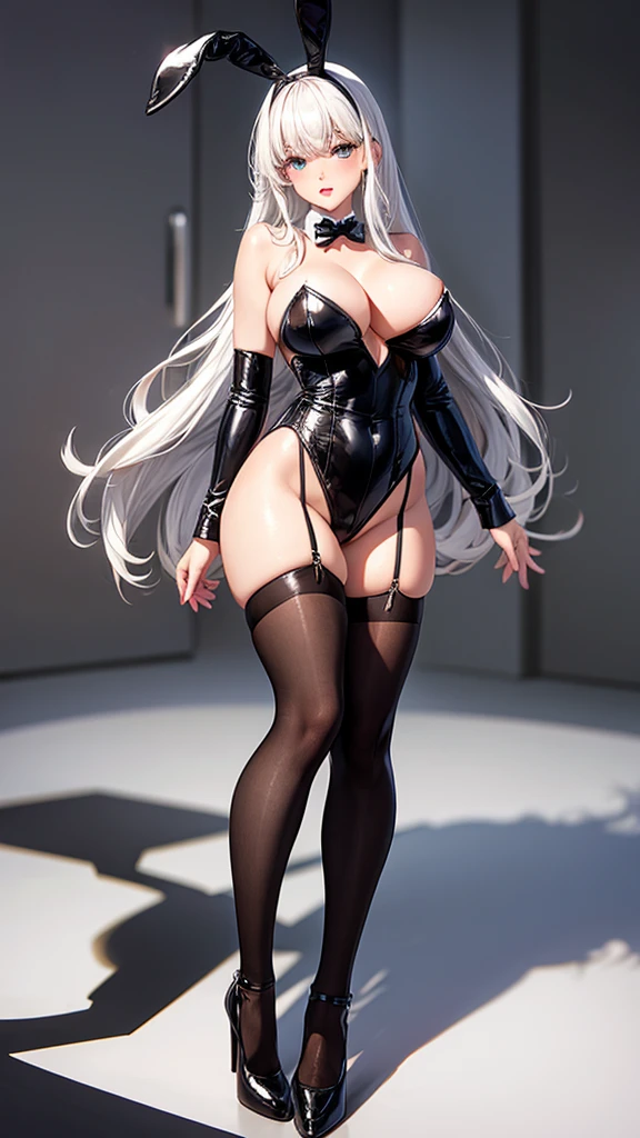 Playboy bunny costume, black heels, black stockings, big breasts, white hair with bangs