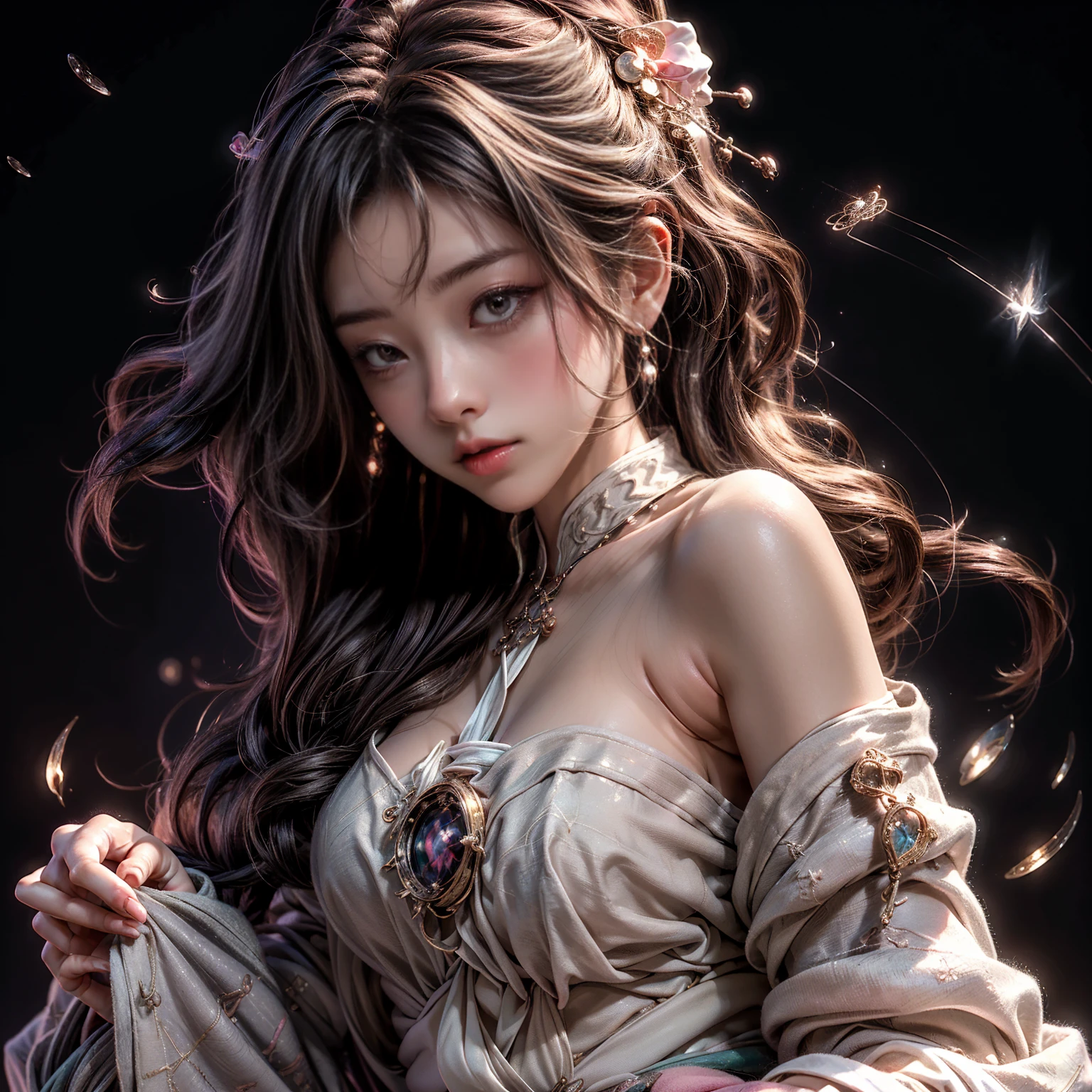 ((best quality)), ((masterpiece)), ((Romance Fantasy)), ((illustration)), (detailed), (clear), (Perfect), 1 woman, mature, upstage, expressionless, long orange curly hair, tanned skin, Vermilion eyes, abundant eyelashes, Twinkle-free, red lips, big bust, small waist, lace dress, Diamond necklace, Sitting on a fancy chair, The action of drinking coffee