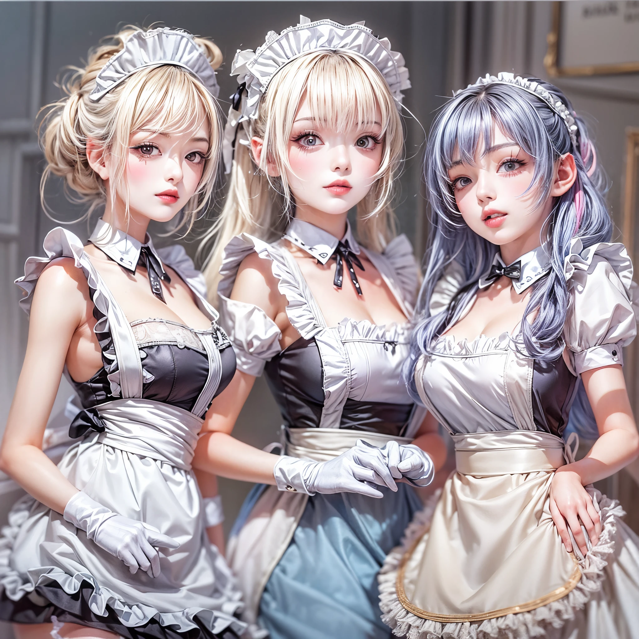 (Full Body of Extremely Detailed((Sexy Maid Group in a row:1.37))), KAWAII perfect face, Reflective Eyes, Detailed(Delicate Clothing textures), Correct Leg Line, Dynamic Joyful Expressions LifeLike Rendering, Specular Reflection, TopQuality 8K Ultra-detailed masterpiece (ProfessionalPhoto:1.37), (Acutance:0.8), (Luminism:1.28), (Renaissance art style), Colorful Light particles, ((Full body from side)), {MicroMini Skirt|Kissing|Breast Lifting|Undressing|Thigh Gap|AssFocus|(NakedApron with Overflowing SideBoob)}, Radiant Fine Skin with Transparency, (Exposed:0.4), (Different types of Anime hair color){Pink Hair|Blue Hair|Platinum Blonde|Pure White Hair|Liquid Hair}, Perfect Lighting 