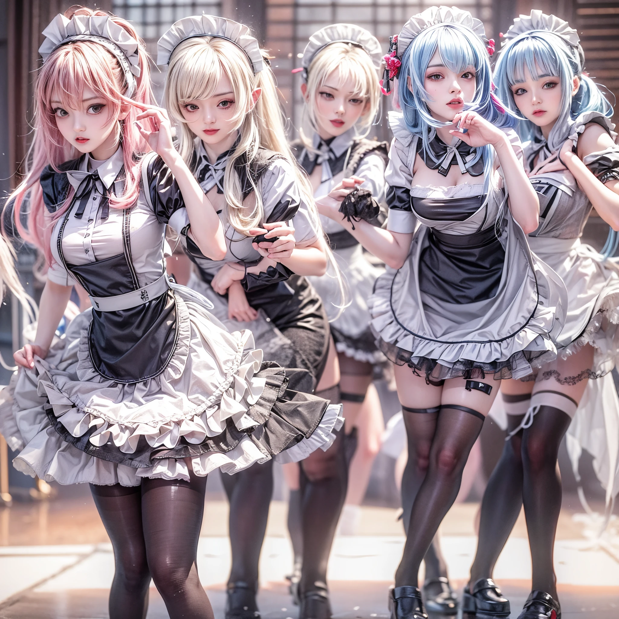(Full Body of Extremely Detailed((Sexy Maid Group in a row:1.37))), KAWAII perfect face, Reflective Eyes, Detailed(Delicate Clothing textures), Correct Leg Line, Dynamic Joyful Expressions LifeLike Rendering, Specular Reflection, TopQuality 8K Ultra-detailed masterpiece (ProfessionalPhoto:1.37), (Acutance:0.8), (Luminism:1.28), (Renaissance art style), Colorful Light particles, ((Full body from side)), {MicroMini Skirt|Kissing|Breast Lifting|Undressing|Thigh Gap|AssFocus|(NakedApron with Overflowing SideBoob)}, Radiant Fine Skin with Transparency, (Exposed:0.4), (Different types of Anime hair color){Pink Hair|Blue Hair|Platinum Blonde|Pure White Hair|Liquid Hair}, Perfect Lighting
