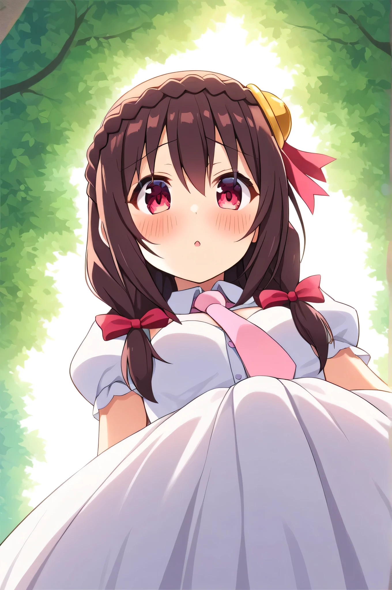 alone, One person, Yunyun, ♥、 (blush:1.5)、Crown braids of the same color as your hair、hair ornaments, Hair Ribbon, Pink tie, White dress、heart、♥、Sunlight filtering through the trees、Being pillowed on by a viewer.、View from below
