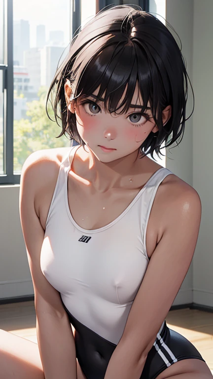 Highest quality、Realistic、、zoom、Primary school students、Girl、look up、cute、Light grey eyes、Black Hair、、short hair、White leotard、Gymnast、Sweating profusely、Shy laugh、Flat Chest、Bust Shot、thin。Leg spread、gym