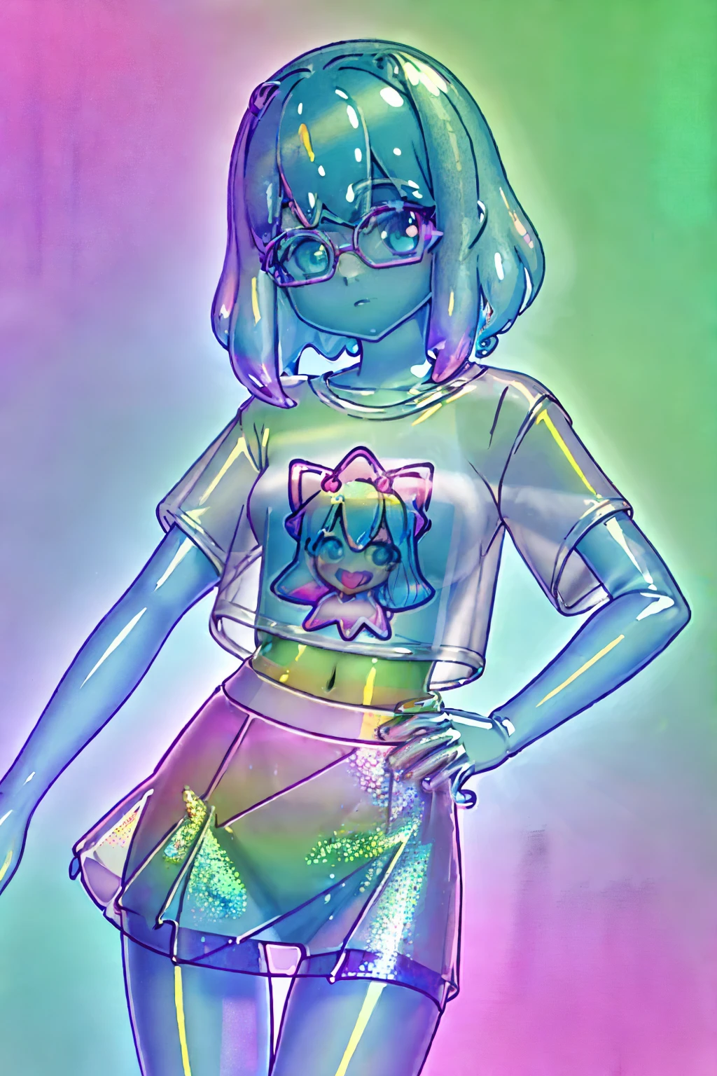 A holographic kawaii mini skirt and T-shirt, holographic anime style pastel colors, see-through, transparent ((Masterpiece High Image Quality)) background metallic office district invisible man