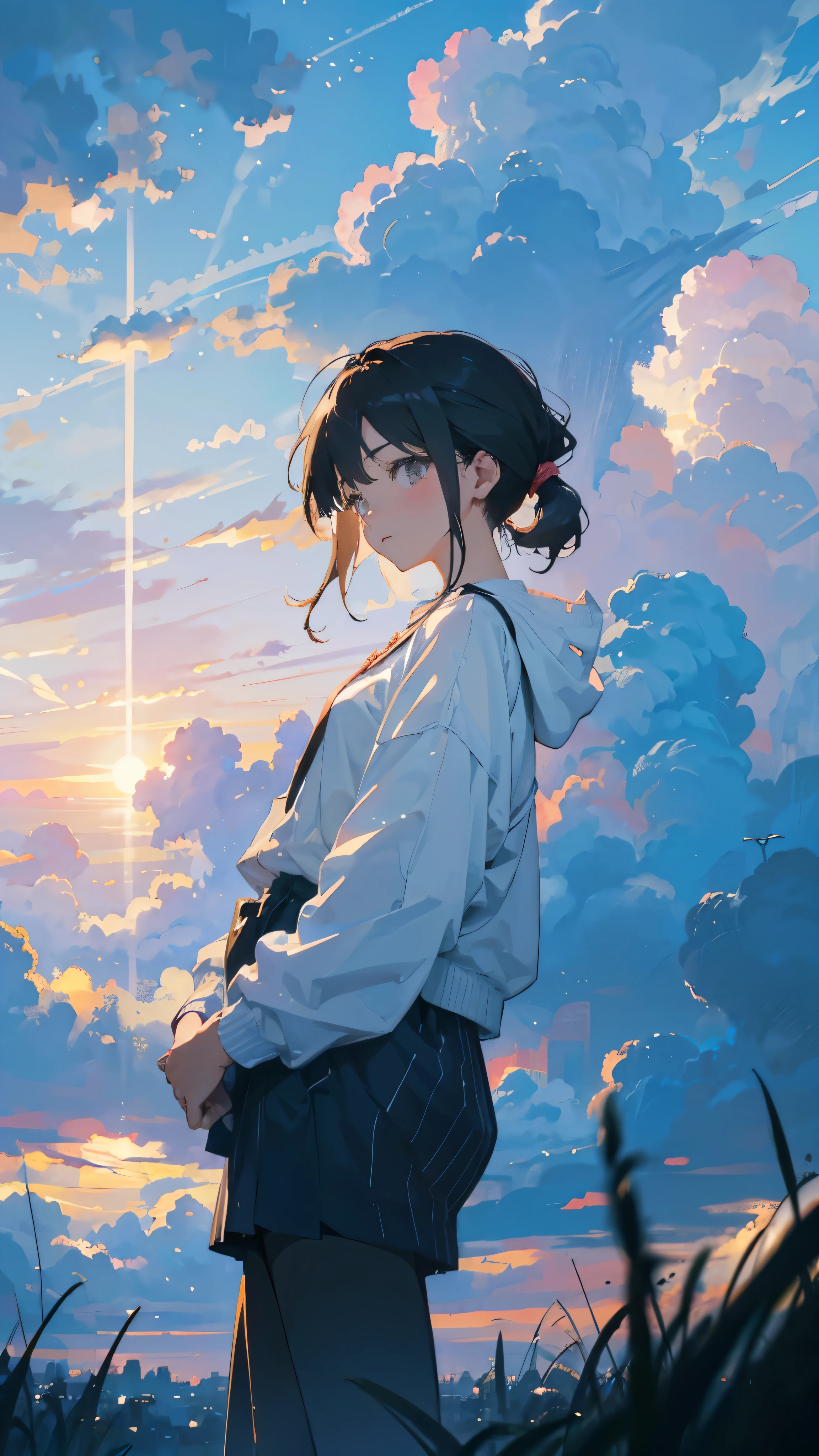 again today、Cloudy skies are spreading。In my mind、The usual hustle and bustle。they are、I want to know what my life will be like、I'No Answer。, Surrealism, cinematic lighting, chiaroscuro, UHD, high details, best quality, highres, 8k