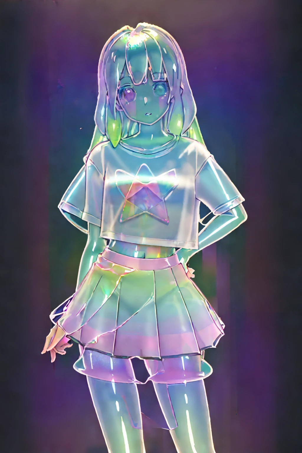 A holographic kawaii mini skirt and T-shirt, holographic anime style pastel colors, see-through, transparent ((Masterpiece High Image Quality)) background metallic office district invisible man