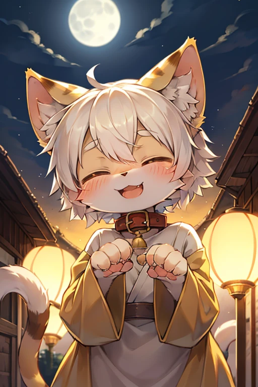 Kemoshota, close-up, paw pose, short height, short statue, cat whiskers, cat tail, smiling, closed eyes, open mouth, blush, tusk, looking up, happy, meoooooooooowwwwww, sacred glowing cat, baggy collar, full moon, naked