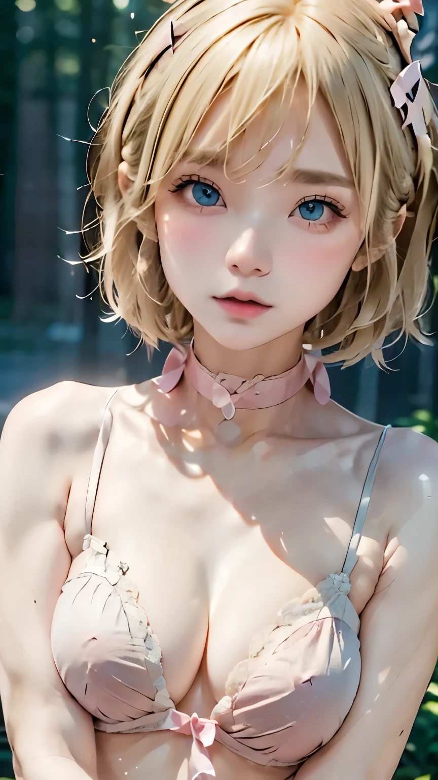 1 person、((Small breasts:1.7))、((short blonde hair with a pink ribbon:1.7))、((Apply pink makeup:1.4))、(Cowboy Shot:1.8)、((from the front:1.3)),((Your face is in the center of the frame:1.7))、((Pink Eyeshadow:1.2))、Very beautiful Japanese idol portraits, (RAW Photos, Highest quality), (Realistic, Realistic:1.4), (masterpiece), Very delicate and beautiful, Very detailed, 2k wallpaper, wonderful, finely, Very detailed CG Unity 8K 壁紙, Very detailed, High resolution, Soft Light, Beautiful detailed, Very detailed目と顔, Beautiful and sophisticated nose, Big beautiful eyes, Cinema Lighting, (Simple light color background:1.3), (Blonde short bob cut hair), (Blonde parted bangs), Light Gray Background、 Complete Anatomy, Slender body,Very small breasts:1.7, Sensual look