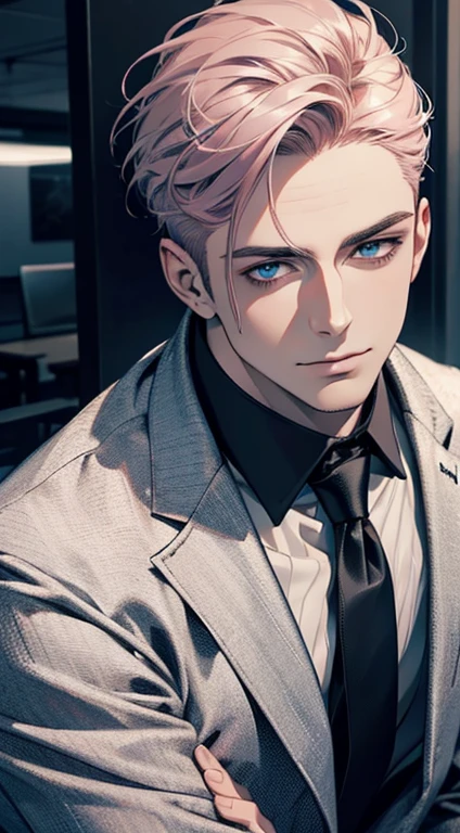 (best quality,4k,8k,highres,masterpiece:1.2),ultra-detailed,(realistic,photorealistic,photo-realistic:1.37),1 man,31 years old,mature man,very handsome,without expression,smile,short grey pink hair,blue eyes,penetrating gaze,perfect face without errors,imposing posture,businessman,office background,cinematic lighting,hdr image