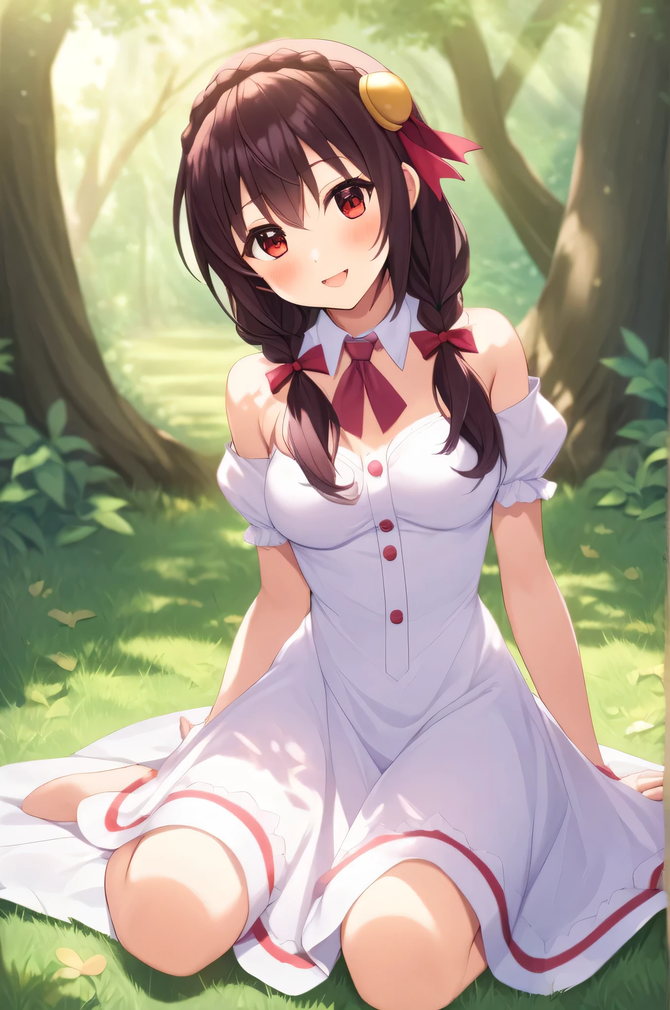 alone, One person, Yunyun, ♥、 (blush:1.5)、Crown braids of the same color as your hair、hair ornaments, Hair Ribbon, Pink tie, White dress, picnic、heart、♥、Sunlight filtering through the trees、I'm sitting upright、Smiling kindly、Calling by tapping on the knee