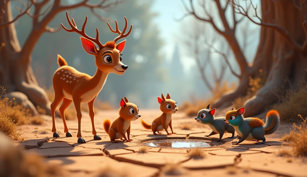 Need 3D animation style "Various forest animals like deer, squirrels, and birds, looking worried and searching for water sources in a dry and dusty environment.