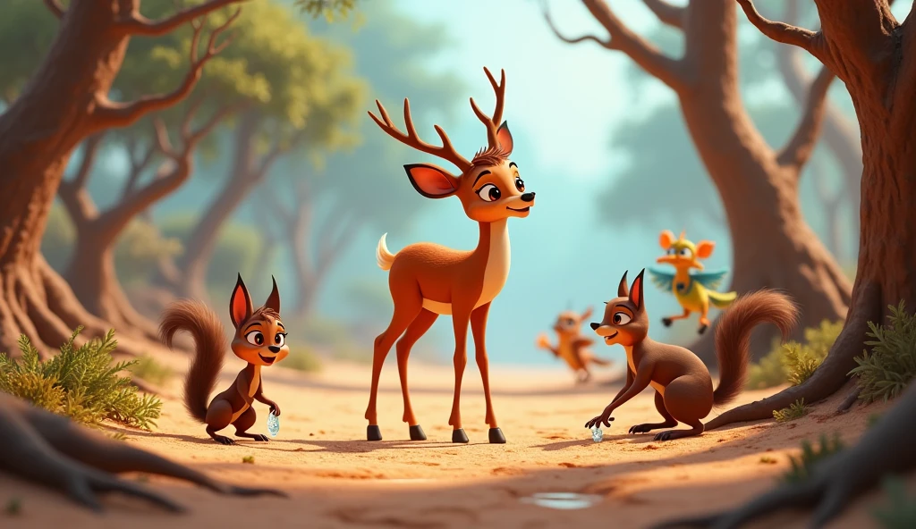 Need 3D animation style "Various forest animals like deer, squirrels, and birds, looking worried and searching for water sources in a dry and dusty environment.