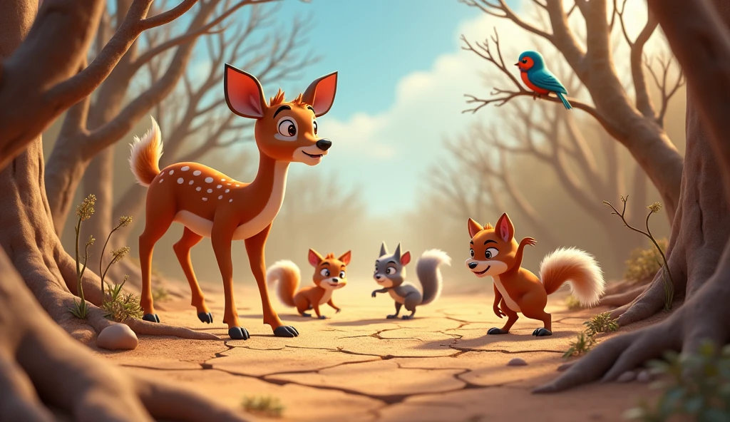 Need 3D animation style "Various forest animals like deer, squirrels, and birds, looking worried and searching for water sources in a dry and dusty environment.