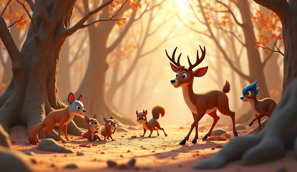 Need 3D animation style "Various forest animals like deer, squirrels, and birds, looking worried and searching for water sources in a dry and dusty environment.