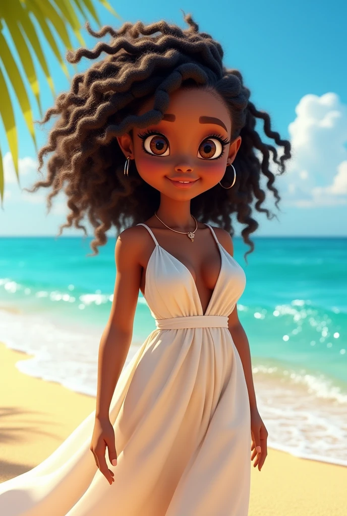 "(best qualityer,ultra detali,realisitic:1.37),3D rendering,illustration,character  design,braided hair,beautiful detailed eyes, slightly fat woman, white outfit,Pixar-style,dark-skinned woman, beachfront, sun and sea background, lively atmosphere, bright coloured,happy smiling expression"