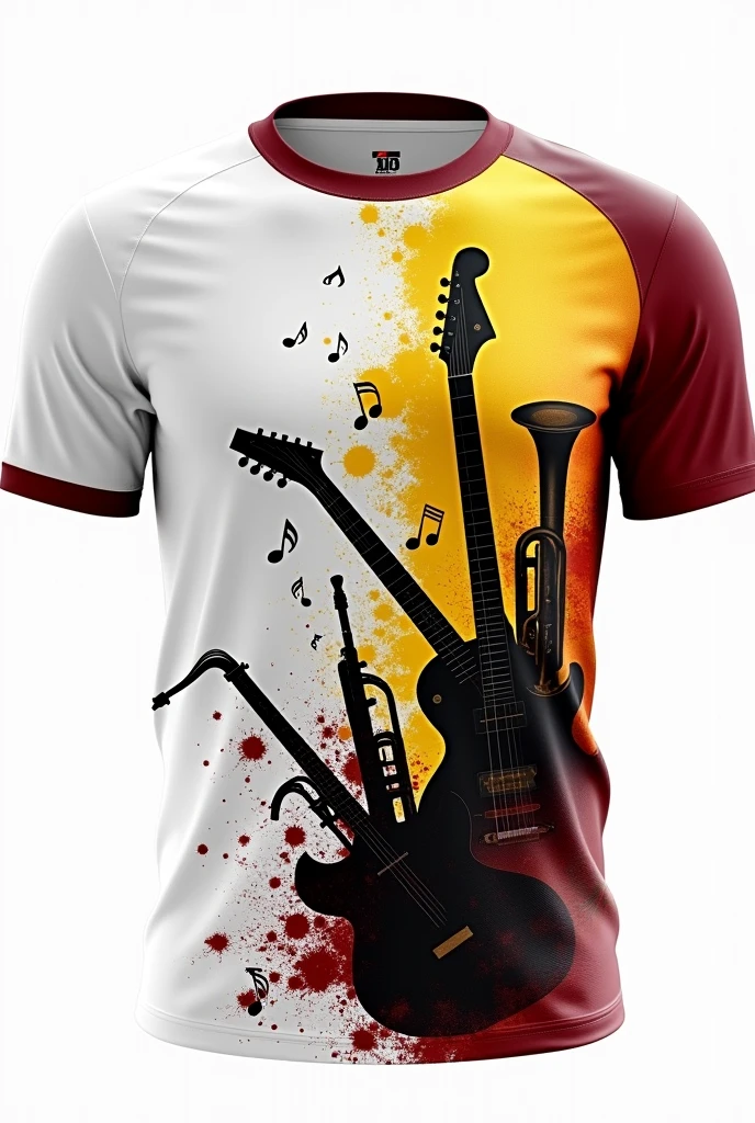 Music printed collar t shirt ,white, yellow and maroon , right side music instruments printed in black, design,art work, right side music notes printed,art work, design ,music instruments and notes right side printed , big music instruments printed by right side ,maroon, yellow and black music instruments printed ,sport t shirt , Black colour music instruments , realistic, high quality 
