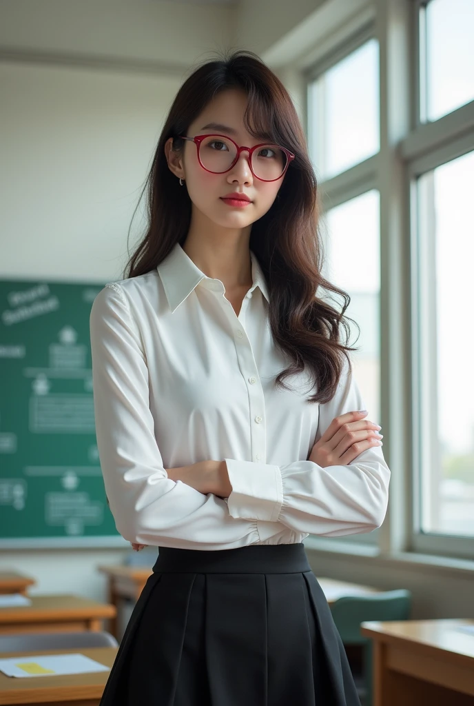 A woman in a white blouse
Beautiful
Wearing red glasses
Teacher
Large breasts
Has bangs
Sexy
Wearing a black miniskirt
Shows a lot of leg
Long hair
Japanese

